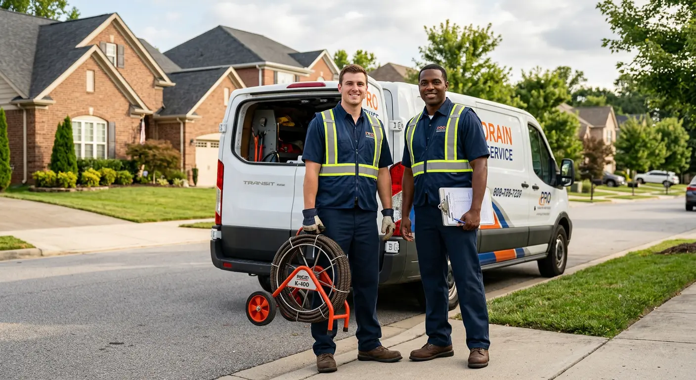 Sewer and drain service team with equipment ready for work in Cherry Valley