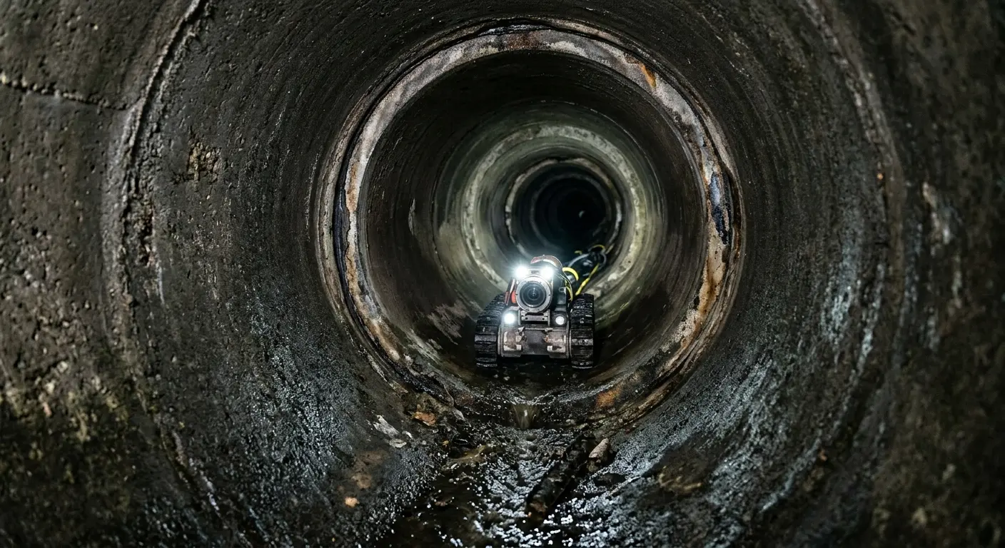 Robotic sewer camera inspecting pipe interior for Sewer Line Cleaning in Cherry Valley