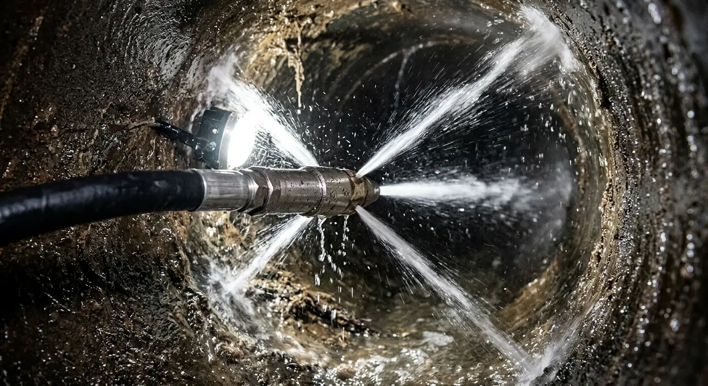 High-pressure hydro jetting nozzle cleaning sewer pipe for Trenchless Sewer Repair in Cherry Valley