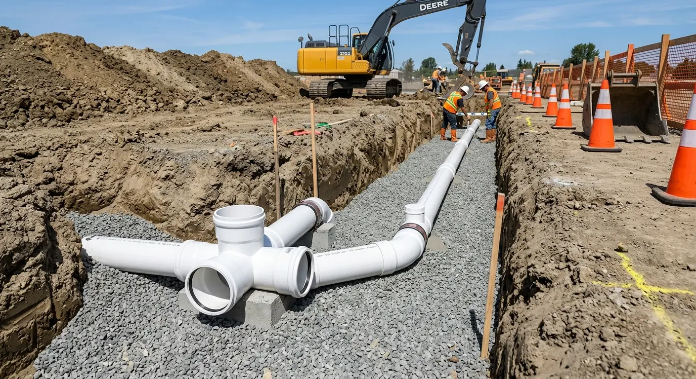 New PVC sewer pipe installation in open trench for Commercial Drain Cleaning in Cherry Valley