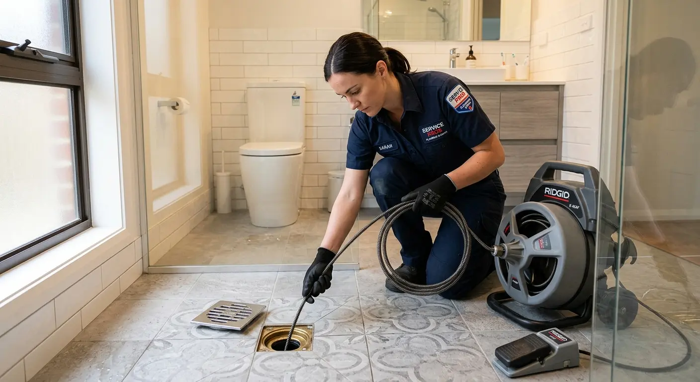 Technician clearing a bathroom floor drain for Drain Repair in Cherry Valley